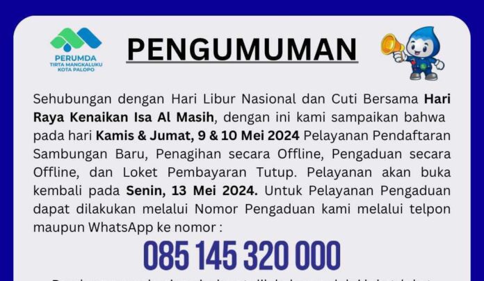 Layanan Tutup Dua Hari, Ini Nomor Pengaduan untuk Pelanggan Perumda TM Palopo